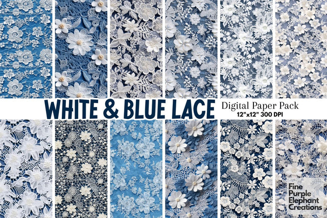 White and Blue Lace Digital Paper | Wedding Scrapbook Digital Pattern Fine Purple Elephant Creations 
