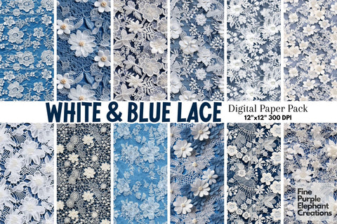 White and Blue Lace Digital Paper | Wedding Scrapbook Digital Pattern Fine Purple Elephant Creations 