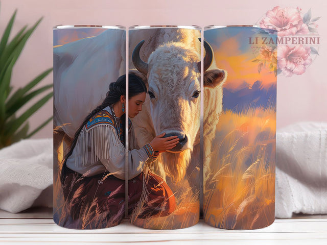 White Bison Indigenous Woman Tumbler Wrap, Indigenous Woman, Tribal Style, Ethnic Art, Boho Theme, Tumbler Wrap, Sublimation Design Sublimation Li Zamperini 