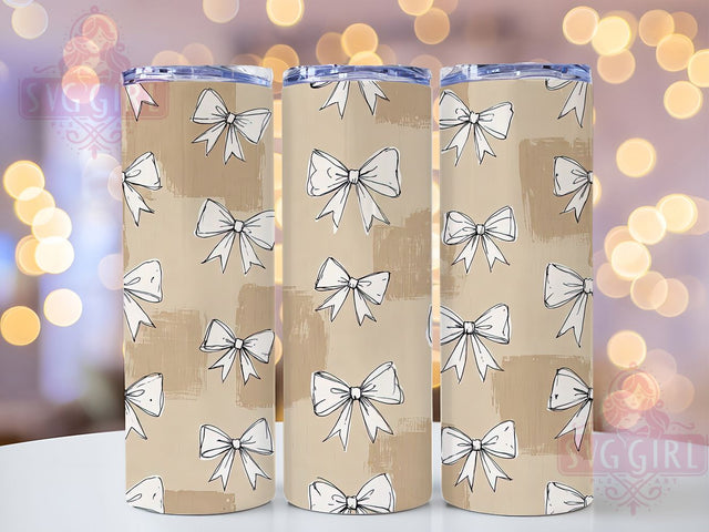 White Bow Beige 20oz Tumbler, White Bow Motif, Beige Art Design, Neutral Theme, Elegant Accent, Minimalist Charm, Sublimation Wrap, 20oz Tumbler Sublimation SvggirlplusArt 