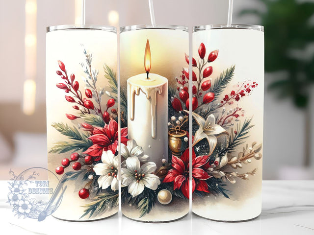 White candle surrounded by red and white flowers Tumbler, unique tumbler, tumbler brand, high-quality tumbler, durable tumbler, leak-proof tumbler, portable tumbler Sublimation ToriDesigns 