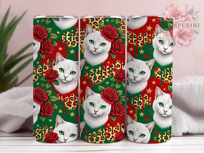 White Cat Roses Leopard 20oz Tumbler, White Cat, Rose Design, Leopard Print, Animal Motif, Whimsical Style, 20oz Wrap, Sublimation Tumbler Sublimation Li Zamperini 