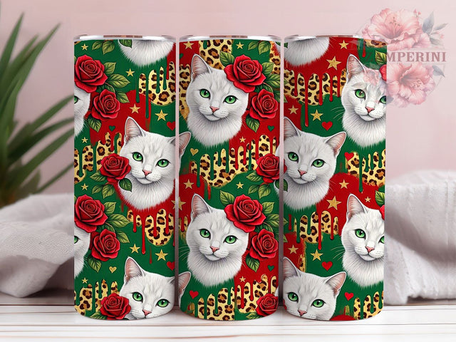 White Cat Roses Leopard 20oz Tumbler, White Cat, Rose Design, Leopard Print, Animal Motif, Whimsical Style, 20oz Wrap, Sublimation Tumbler Sublimation Li Zamperini 