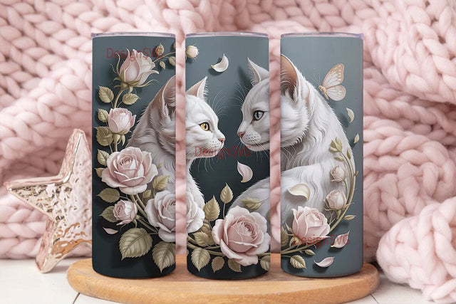 White Cats & Roses 20oz Tumbler Wrap Sublimation DesignSVG 