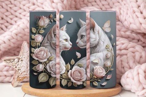 White Cats & Roses 20oz Tumbler Wrap Sublimation DesignSVG 