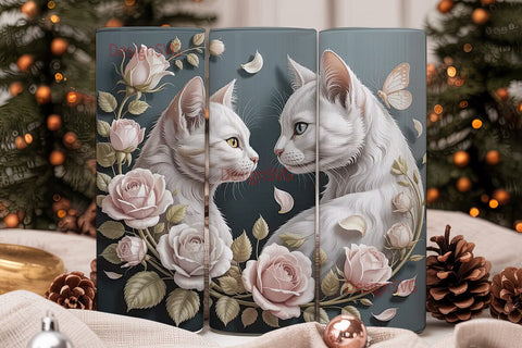 White Cats & Roses 20oz Tumbler Wrap Sublimation DesignSVG 