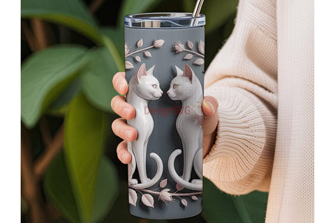 White Cats & Roses 20oz Tumbler Wrap Sublimation DesignSVG 