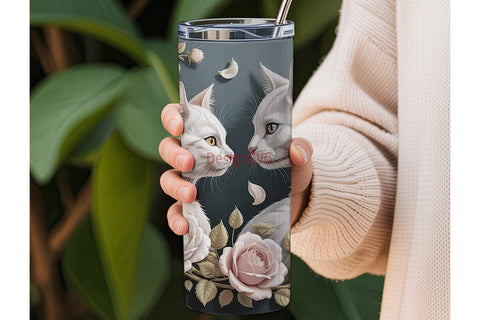 White Cats & Roses 20oz Tumbler Wrap Sublimation DesignSVG 