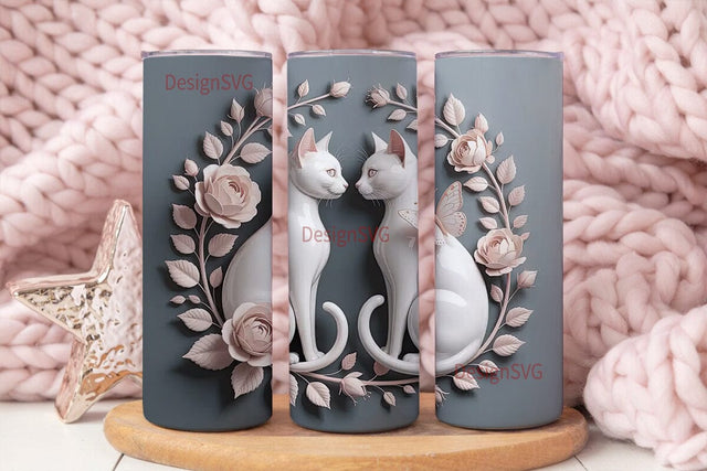 White Cats & Roses 20oz Tumbler Wrap Sublimation DesignSVG 