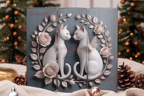 White Cats & Roses 20oz Tumbler Wrap Sublimation DesignSVG 