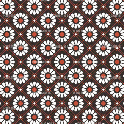 White Daisy Flowers Retro Modern Diamond Check Pattern Digital Paper Digital Pattern Karma Genie Graphics 