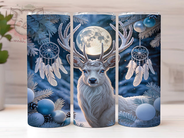 White Deer Winter Tumbler, Snowy Animal, Winter Wrap, Holiday Tumbler, Festive Pattern, 20oz Tumbler, Sublimation Print Sublimation Lara' s Designs 