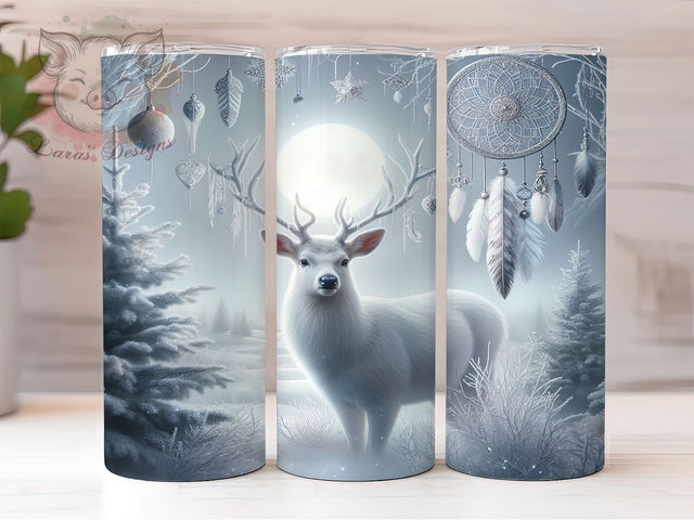 White Deer Winter Tumbler, Snowy Animal, Winter Wrap, Holiday Tumbler, Festive Pattern, 20oz Tumbler, Sublimation Print Sublimation Lara' s Designs 