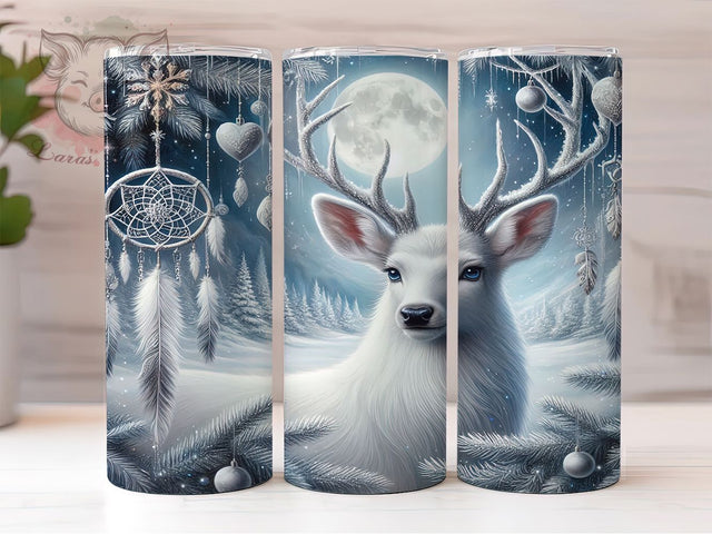 White Deer Winter Tumbler, Snowy Animal, Winter Wrap, Holiday Tumbler, Festive Pattern, 20oz Tumbler, Sublimation Print Sublimation Lara' s Designs 
