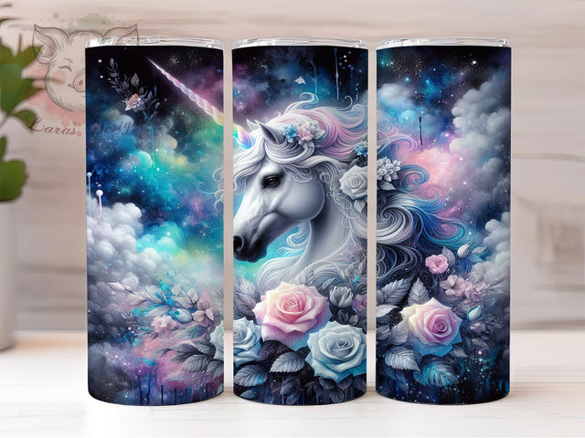 White Floral Unicorn Fantasy Tumbler Wrap, Floral Horse Wrap, Fantasy Unicorn Cup, Magical Horse Tumbler, Elegant Unicorn Design, Floral Fantasy Tumbler, Whimsical Horse Wrap Sublimation Lara' s Designs 