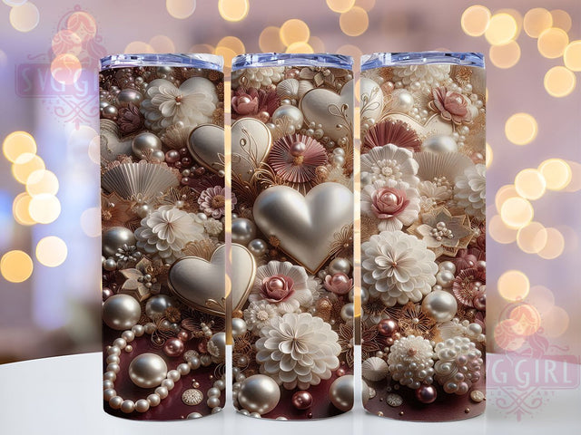 White Gold 3D Hearts Tumbler, Gold Hearts Wrap, White And Gold Cup, Love Sublimation, Romantic Tumbler Design, Valentine Gift Wrap, 3D Hearts Cup Sublimation SvggirlplusArt 