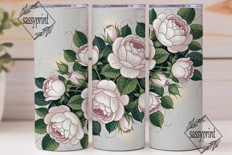 White Gold Rose Floral 20oz Tumbler Wrap Sublimation sassyprint 