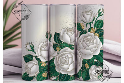 White Gold Rose Floral 20oz Tumbler Wrap Sublimation sassyprint 
