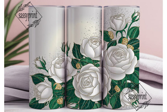White Gold Rose Floral 20oz Tumbler Wrap Sublimation sassyprint 