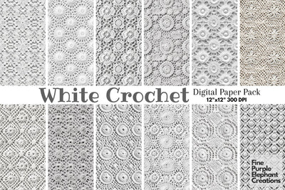 White Granny Squares Crochet | Afghan Stitched Fabric Texture Digital Pattern Fine Purple Elephant Creations 