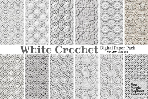 White Granny Squares Crochet | Afghan Stitched Fabric Texture Digital Pattern Fine Purple Elephant Creations 