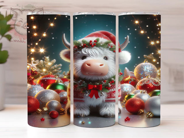 White Highland Cow Christmas Tumbler, Christmas Cow Wrap, Farm Animal Holiday Sublimation, Festive Cow Ornament Cup, 20Oz Skinny Tumbler Wrap, Rustic Christmas Mug, Cute Livestock Design Sublimation Lara' s Designs 