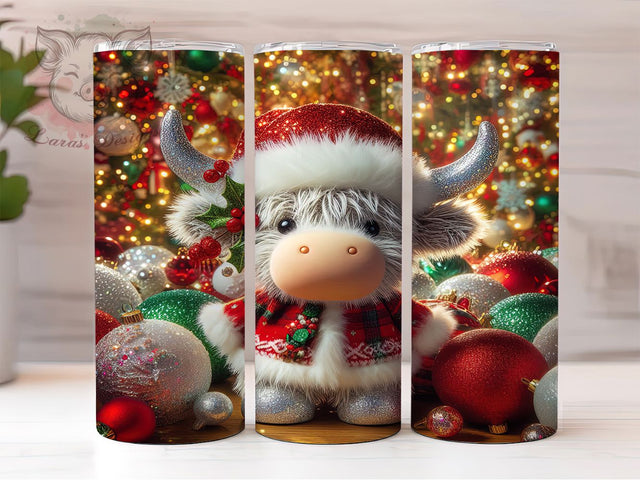 White Highland Cow Christmas Tumbler, Christmas Cow Wrap, Farm Animal Holiday Sublimation, Festive Cow Ornament Cup, 20Oz Skinny Tumbler Wrap, Rustic Christmas Mug, Cute Livestock Design Sublimation Lara' s Designs 
