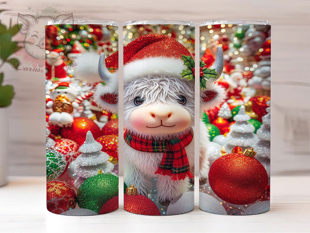 White Highland Cow Christmas Tumbler, Christmas Cow Wrap, Farm Animal Holiday Sublimation, Festive Cow Ornament Cup, 20Oz Skinny Tumbler Wrap, Rustic Christmas Mug, Cute Livestock Design Sublimation Lara' s Designs 
