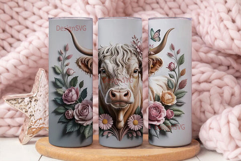 White Highland Cow Floral 20oz Tumbler Sublimation DesignSVG 