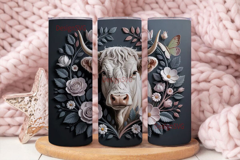 White Highland Cow Floral 20oz Tumbler Sublimation DesignSVG 
