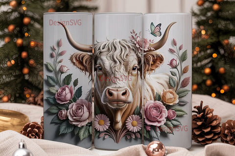White Highland Cow Floral 20oz Tumbler Sublimation DesignSVG 