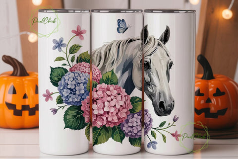 White Horse & Hydrangeas Tumbler Wrap Sublimation PixelChick 