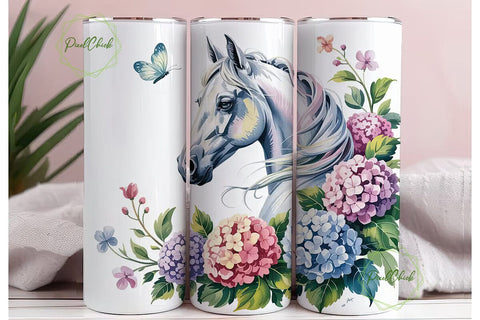 White Horse & Hydrangeas Tumbler Wrap Sublimation PixelChick 