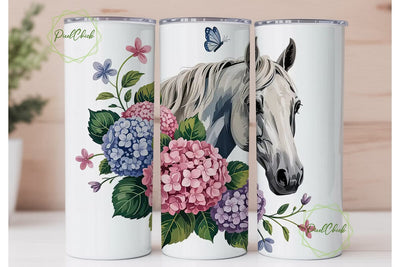 White Horse & Hydrangeas Tumbler Wrap Sublimation PixelChick 