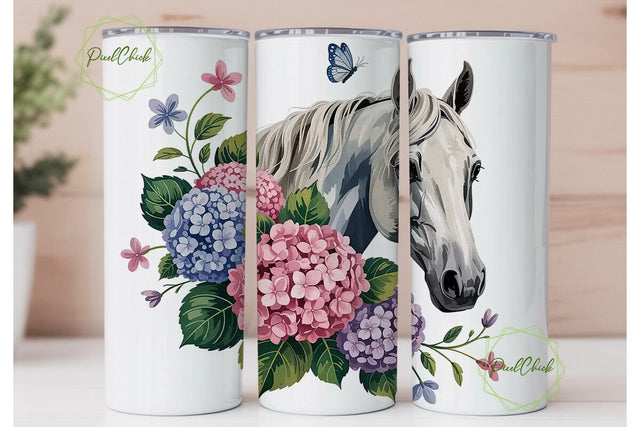 White Horse & Hydrangeas Tumbler Wrap Sublimation PixelChick 
