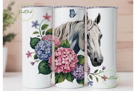 White Horse & Hydrangeas Tumbler Wrap Sublimation PixelChick 