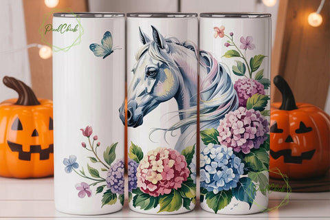 White Horse & Hydrangeas Tumbler Wrap Sublimation PixelChick 