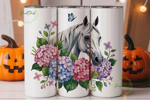 White Horse & Hydrangeas Tumbler Wrap Sublimation PixelChick 