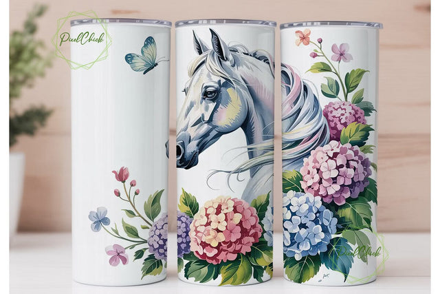 White Horse & Hydrangeas Tumbler Wrap Sublimation PixelChick 