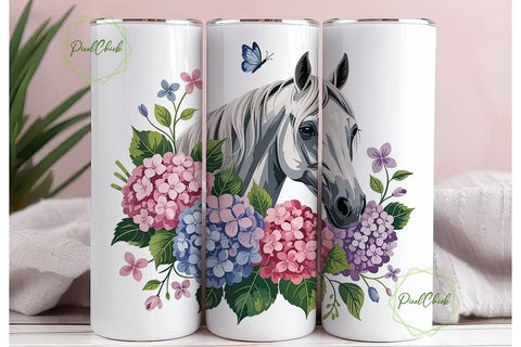 White Horse & Hydrangeas Tumbler Wrap Sublimation PixelChick 