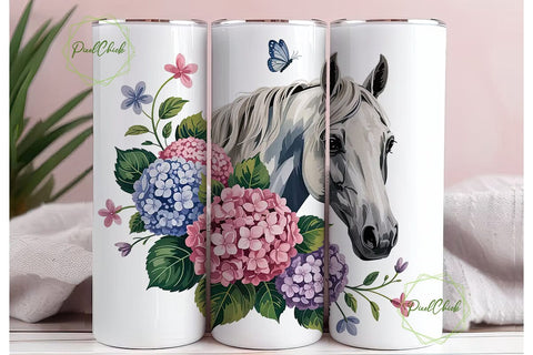 White Horse & Hydrangeas Tumbler Wrap Sublimation PixelChick 