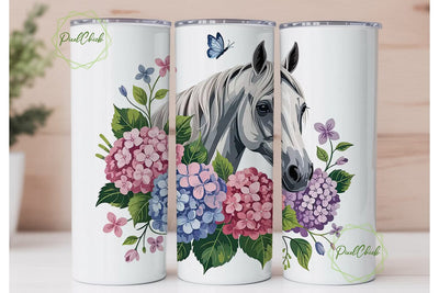 White Horse & Hydrangeas Tumbler Wrap Sublimation PixelChick 