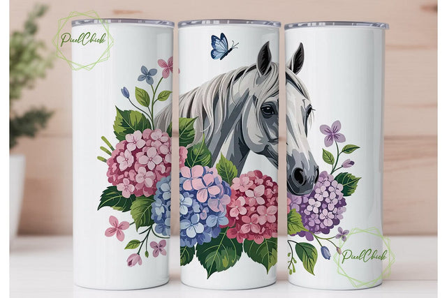 White Horse & Hydrangeas Tumbler Wrap Sublimation PixelChick 