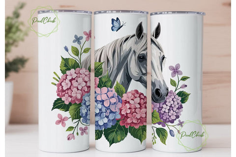 White Horse & Hydrangeas Tumbler Wrap Sublimation PixelChick 