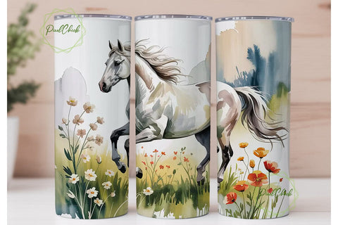 White Horse Watercolor Art 20oz Tumbler Sublimation PixelChick 