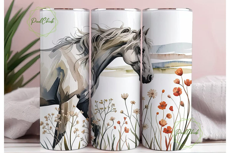 White Horse Watercolor Art 20oz Tumbler Sublimation PixelChick 