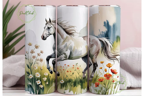 White Horse Watercolor Art 20oz Tumbler Sublimation PixelChick 