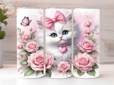 White Kitten 20oz Tumbler Png, Straight & Tapered Tumbler Png, Floral Kitten Tumbler Png, Digital Download PNG Sublimation Lara' s Designs 