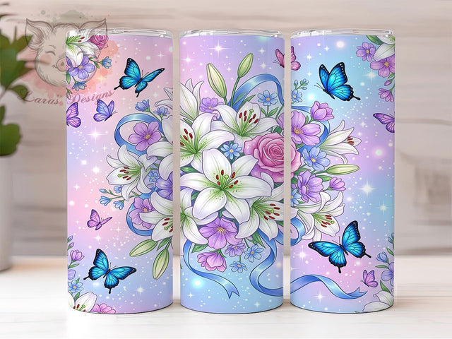 White Lily Blue Butterfly 20oz Tumbler, White Lily, Blue Butterfly, Lily Butterfly, Butterfly Tumbler, 20oz Tumbler, Floral Butterfly, Tumbler Wrap Sublimation Lara' s Designs 