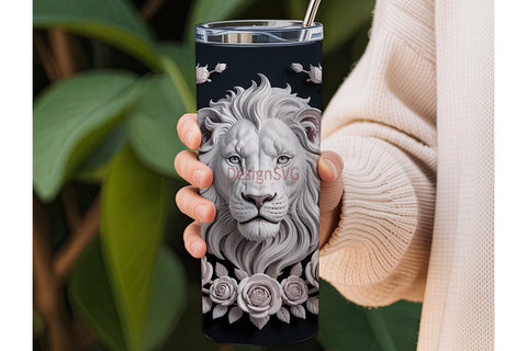 White Lion & Roses 20oz Tumbler Wrap Sublimation DesignSVG 